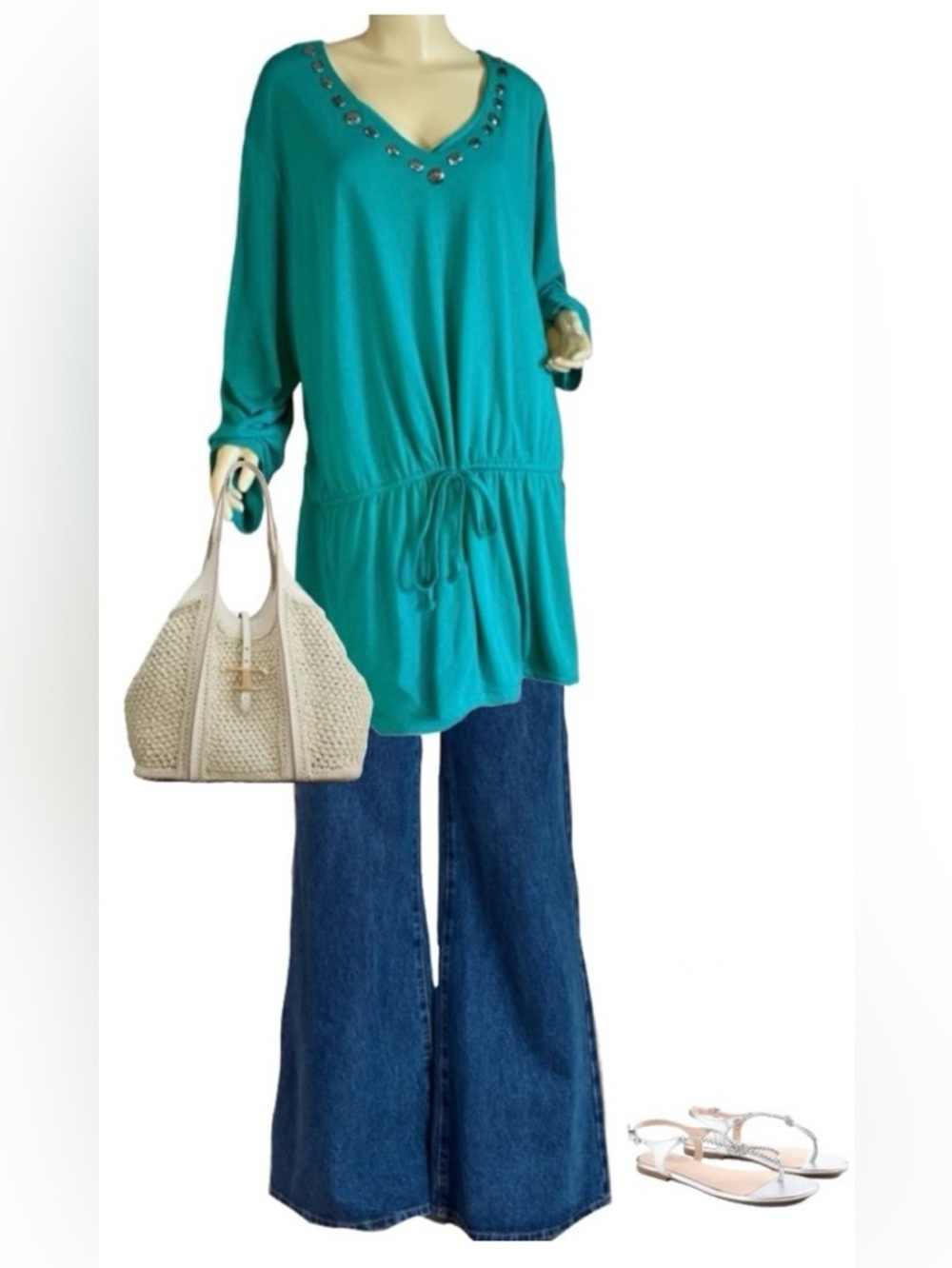 VENEZIA TEAL BEADED NECK DRAWSTRING WAIST V NECK TUNIC (4X)